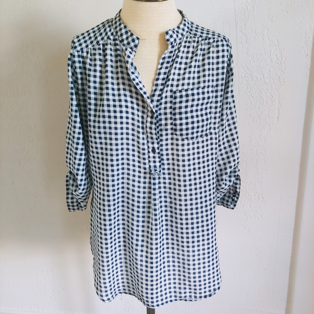 Depri Blue and White Checkered Hi-Low Top